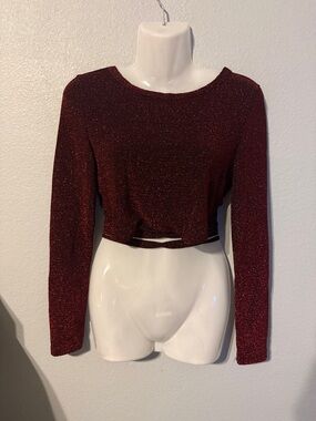 Haute Monde Shimmery Burgundy Long-Sleeve Crop Top